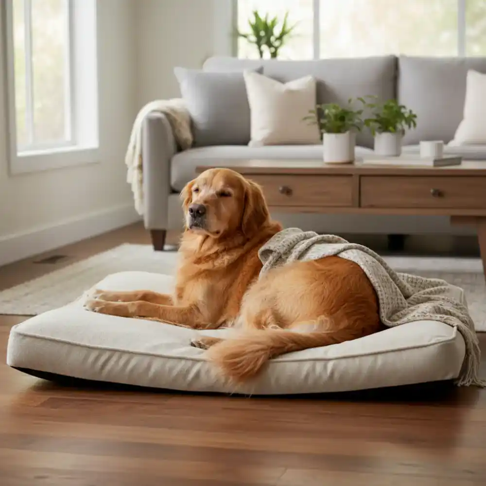 Golden Retriever entspannt auf einem orthopädischen Bett
