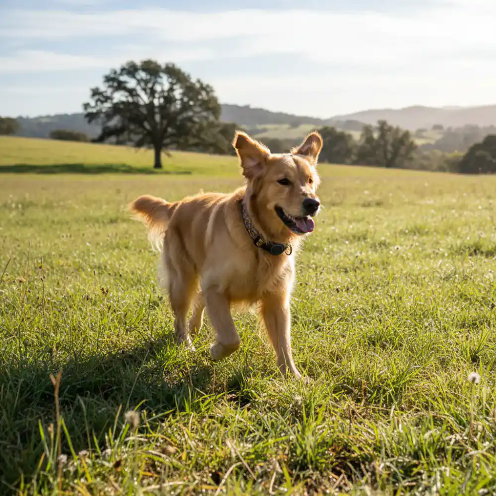 Hund läuft auf Wiese mit Tracker